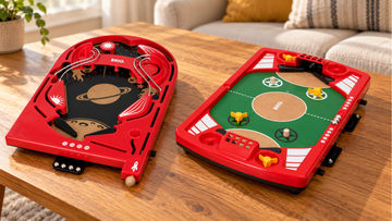 Two red BRIO tabletop pinball games on a warm wooden table: a dark space-themed score board beside a green two-player goal board.