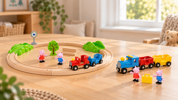 Peppa and George beside a complete wooden railway on the left and a separate blue character train with two wagons on the right.