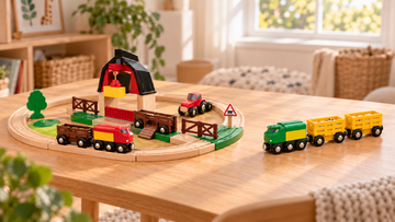 A complete farm-themed wooden railway with barn and red train, beside a separate green train with two yellow cattle wagons on a wooden table.